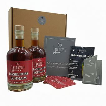 Heimatgeist Haselnuss Geschenkbox – 2 Flaschen Haselnussschnaps mit Extras 