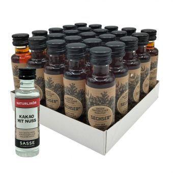 Sasse Sechser Würfel 25 x 0,02l 35% Vol + mini Probeflasche Kakao Nuss. 