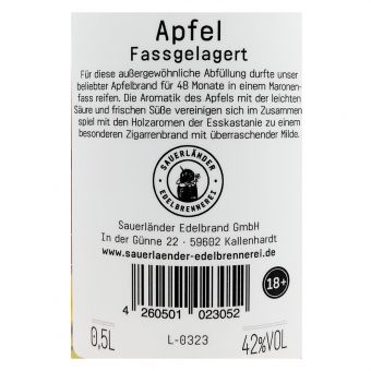 Apfelbrand – Holzfassgelagert 0,50 l/Fl., 42%-Vol., 