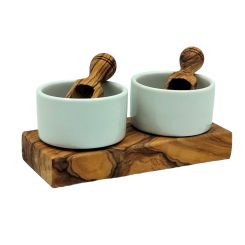 2er Set Dipschalen Porzellan Ø 5,5 cm plus 2 Schippchen auf Olivenholzsocke 
