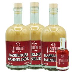 Haselnuss-Sahnelikör 500ml, 20%vol. 3er Box + miniatur Probeflasche 